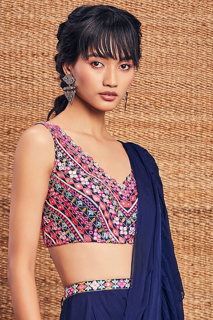 Navy Blue Ruffled Wedding Saree Set by Aneesh Agarwaal PRET at Pernia's Pop Up Shop