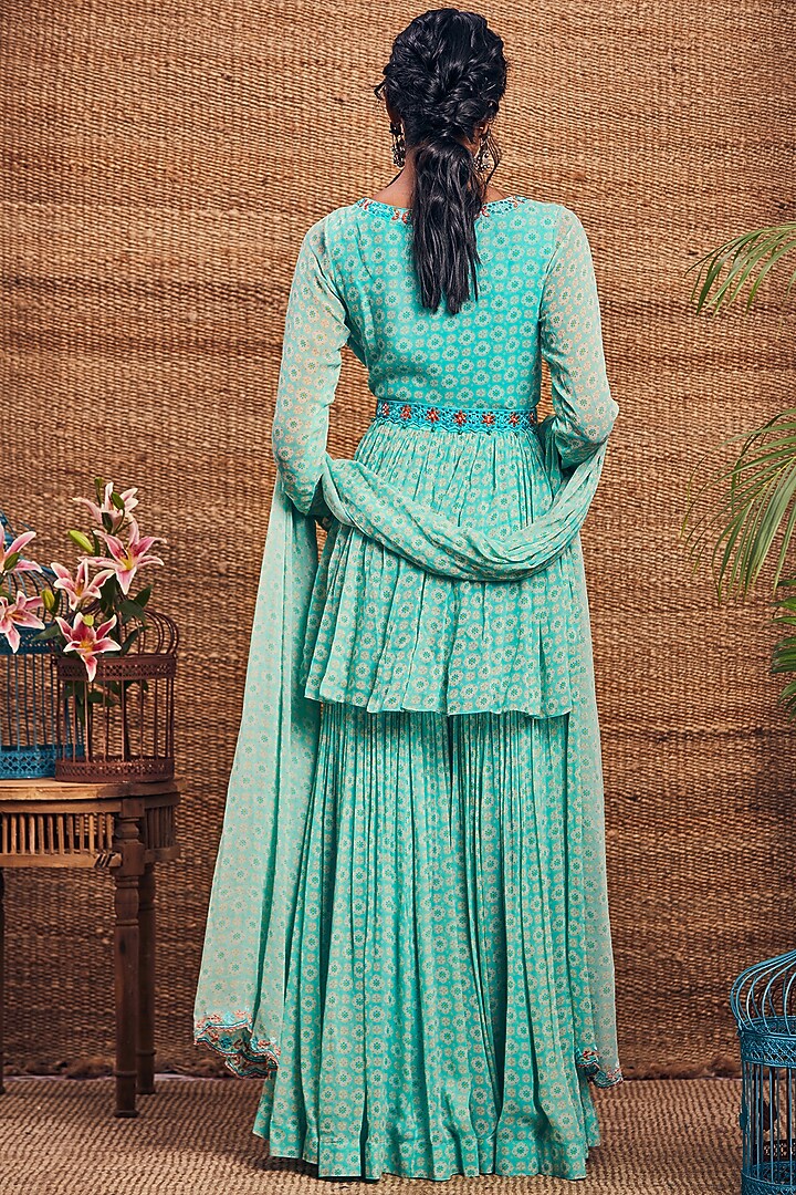 Turquoise Georgette Printed Gharara Set by Aneesh Agarwaal PRET at Pernia's Pop Up Shop
