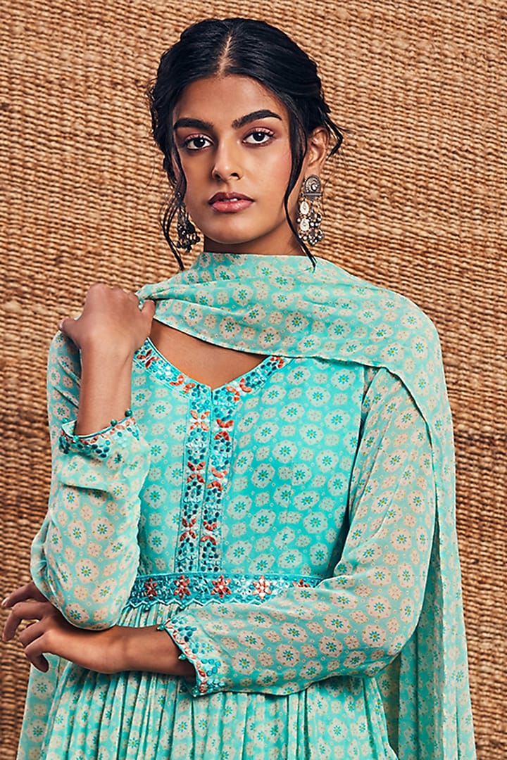 Turquoise Georgette Printed Gharara Set by Aneesh Agarwaal PRET at Pernia's Pop Up Shop