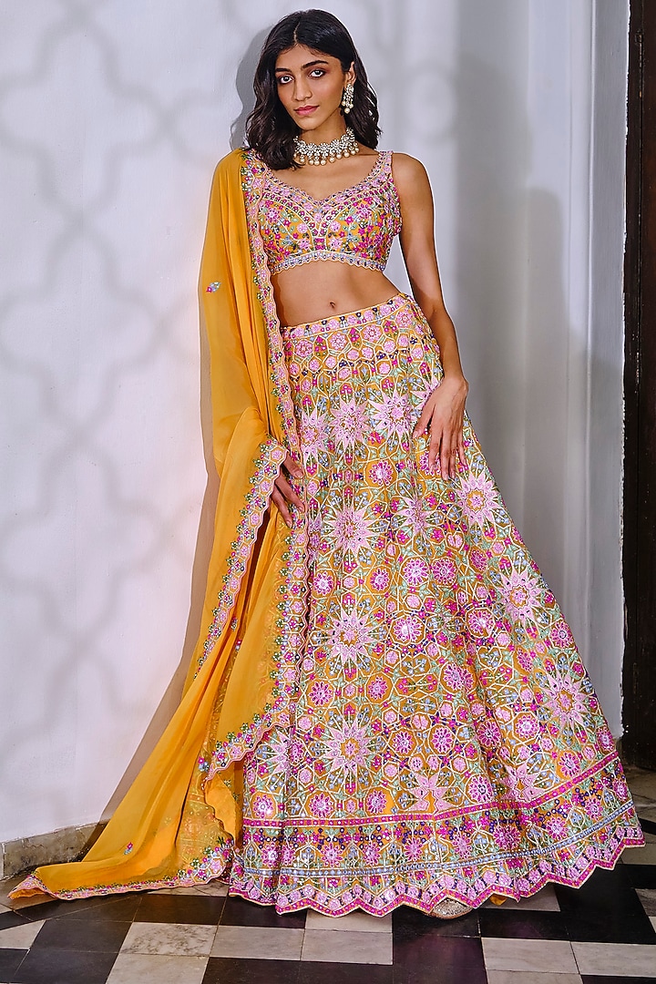 Yellow Bridal Lehenga Set With Embroidery by Aneesh Agarwaal at Pernia's Pop Up Shop