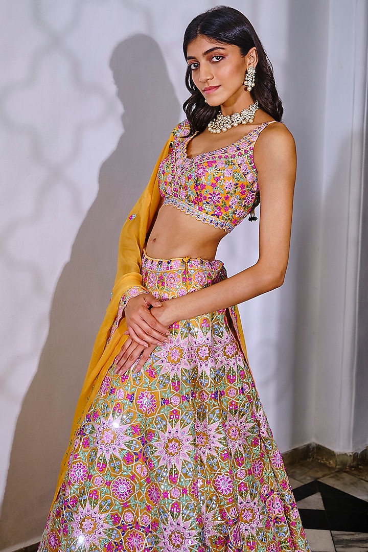 Yellow Bridal Lehenga Set With Embroidery by Aneesh Agarwaal at Pernia's Pop Up Shop