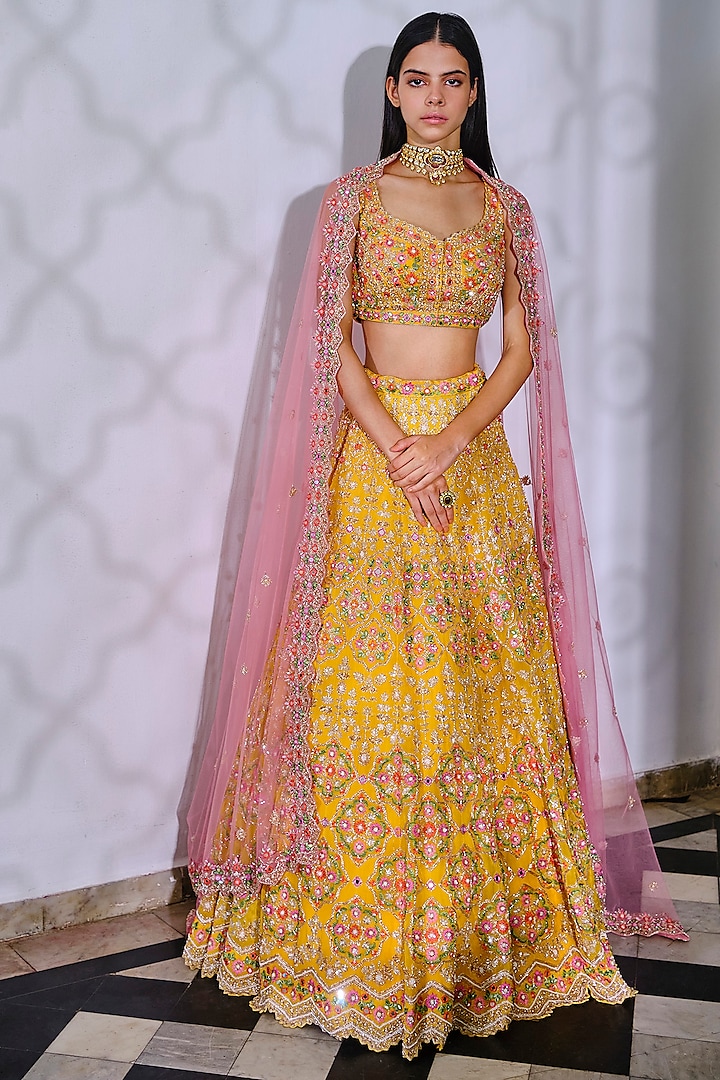Yellow Zardosi Embroidered Bridal Lehenga Set by Aneesh Agarwaal at Pernia's Pop Up Shop