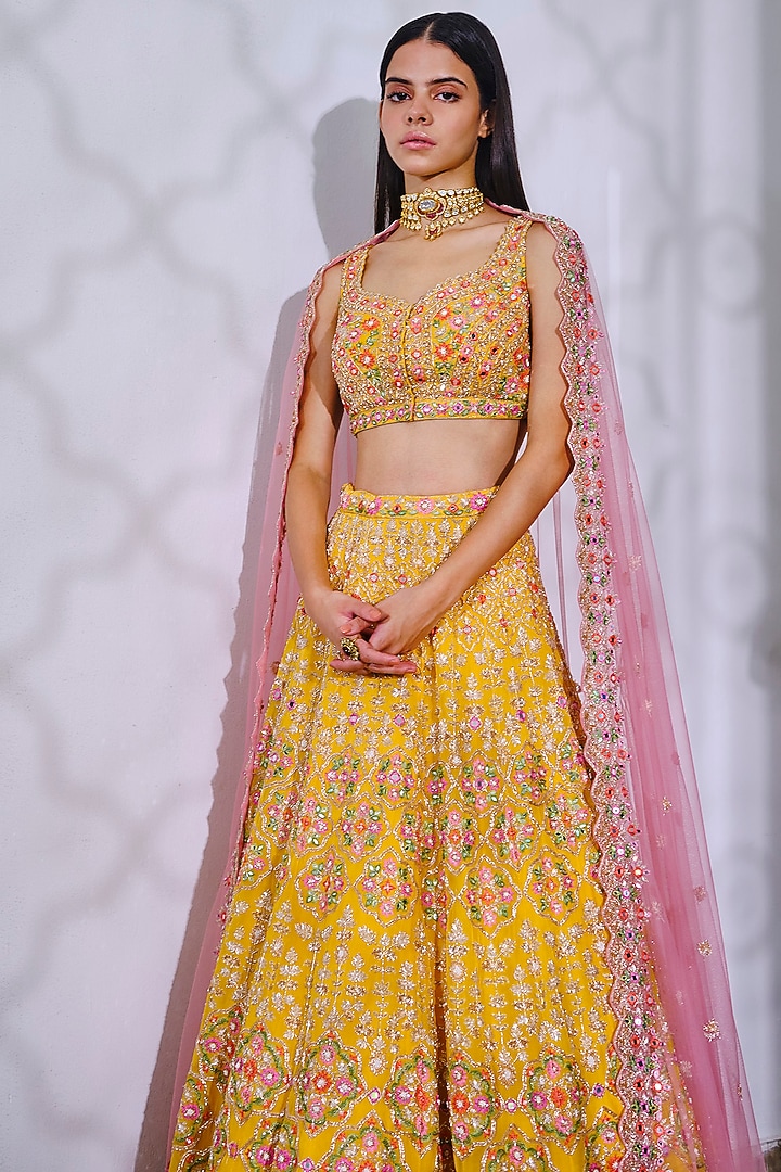 Yellow Zardosi Embroidered Bridal Lehenga Set by Aneesh Agarwaal at Pernia's Pop Up Shop