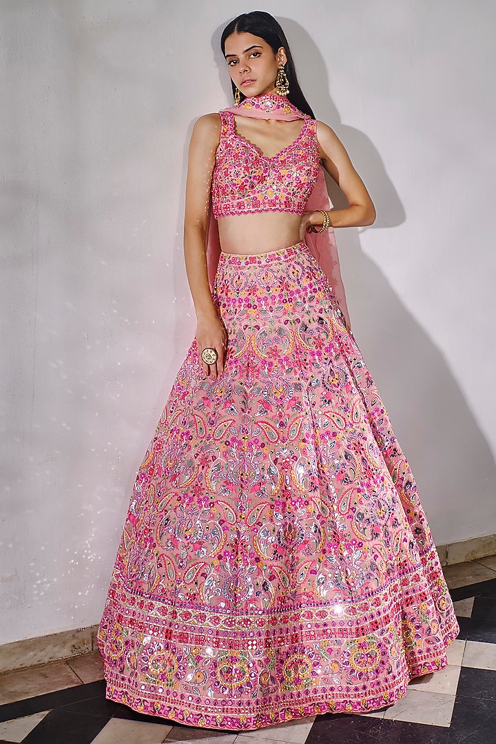 Pink Embroidered Bridal Lehenga Set by Aneesh Agarwaal at Pernia's Pop Up Shop