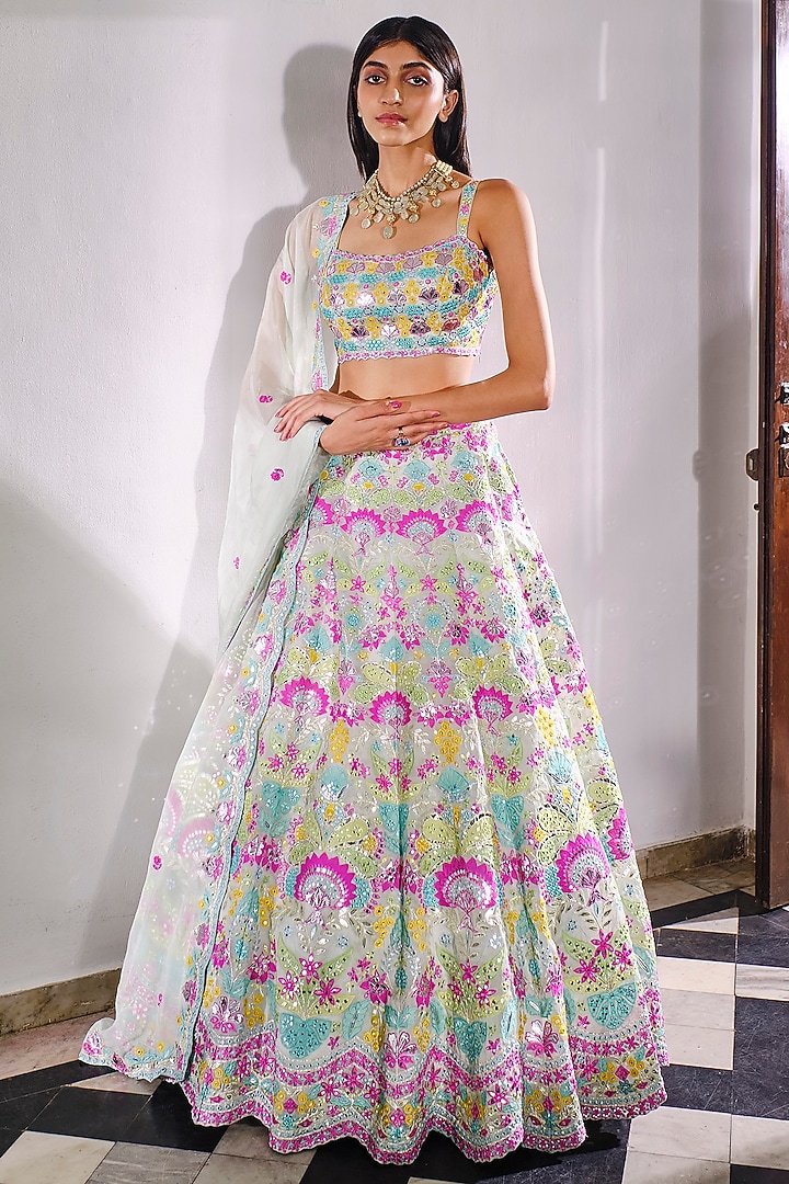 Aqua Blue Embroidered Bridal Lehenga Set by Aneesh Agarwaal at Pernia's Pop Up Shop