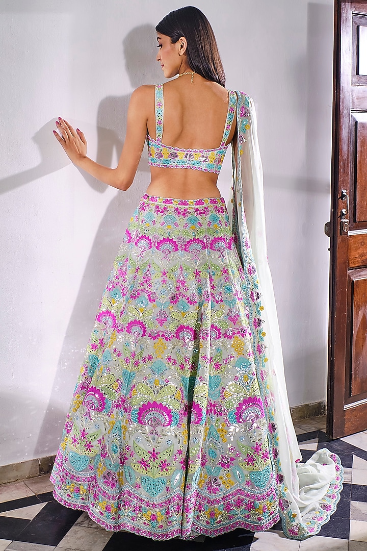 Aqua Blue Embroidered Bridal Lehenga Set by Aneesh Agarwaal at Pernia's Pop Up Shop