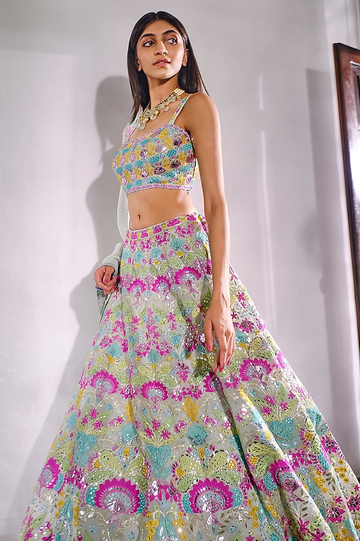 Aqua Blue Embroidered Bridal Lehenga Set by Aneesh Agarwaal at Pernia's Pop Up Shop
