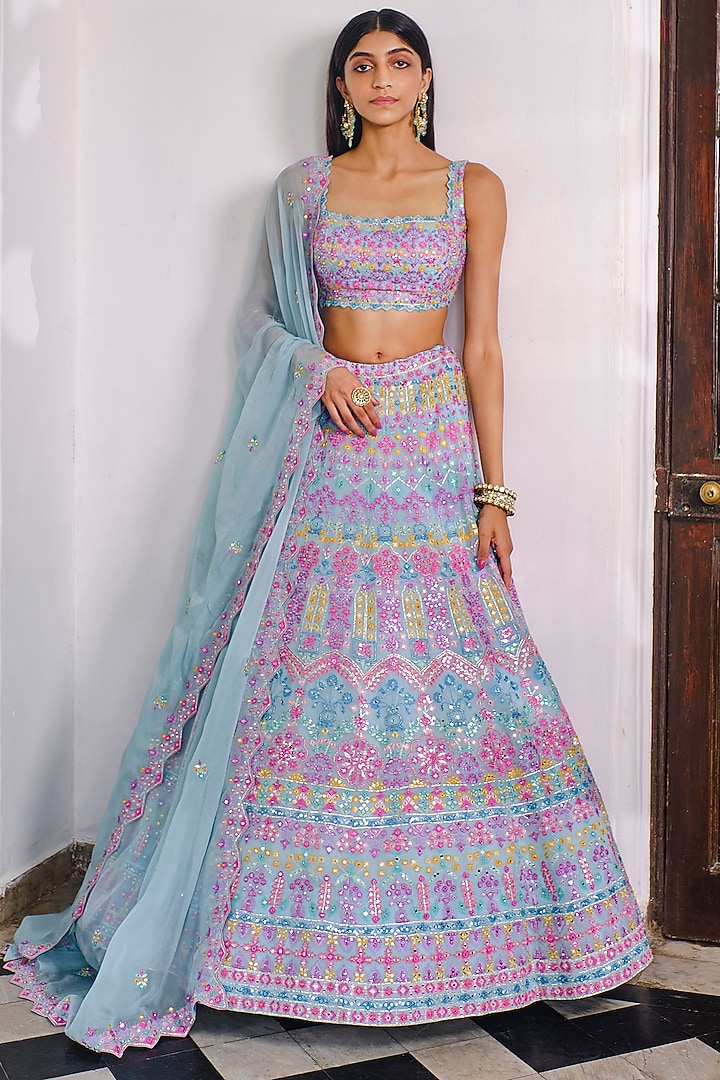 Powder Blue Gathered Lehenga & Jacket Set | Indo-Western Wedding & Occasion Wear