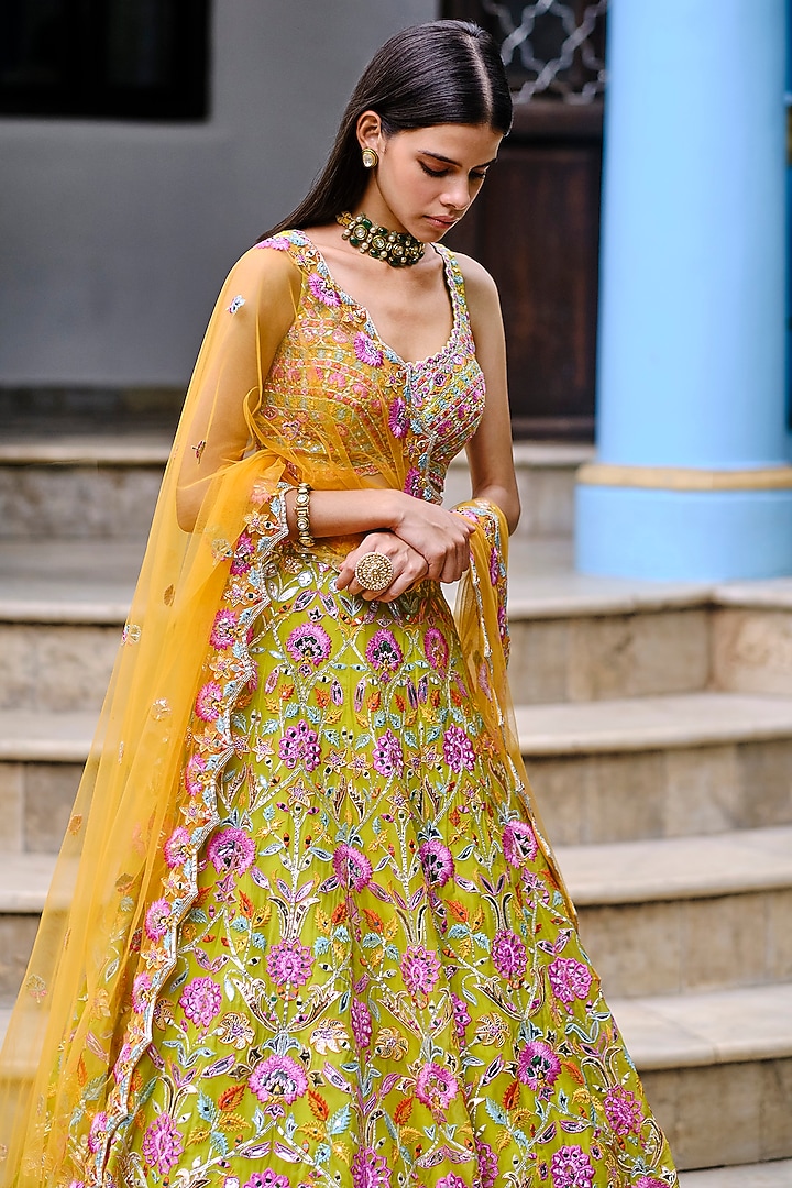 Lime Green Embroidered Bridal Lehenga Set by Aneesh Agarwaal at Pernia's Pop Up Shop