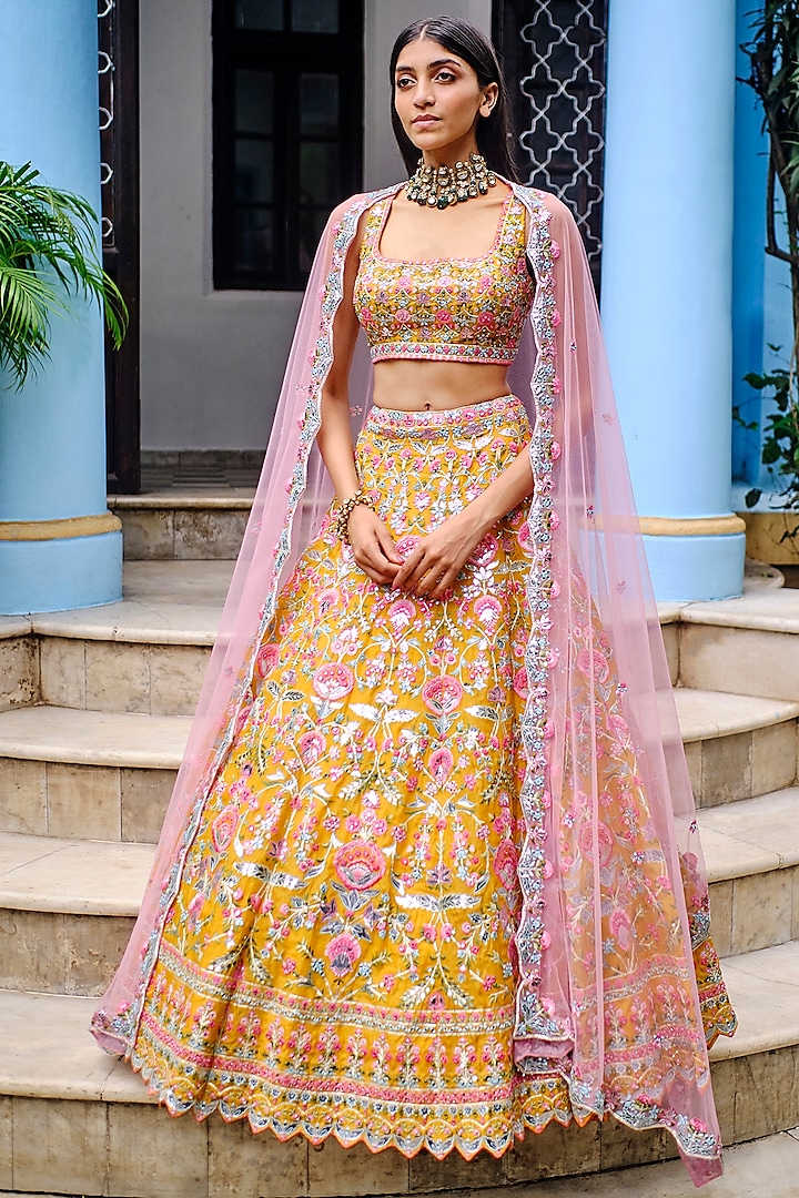 Yellow Floral Embroidered Lehenga Set by Aneesh Agarwaal