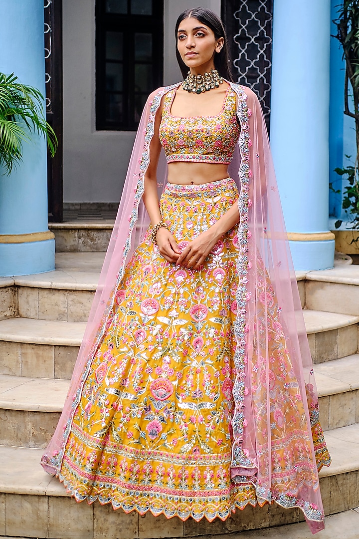 Yellow Floral Embroidered Bridal Lehenga Set by Aneesh Agarwaal at Pernia's Pop Up Shop