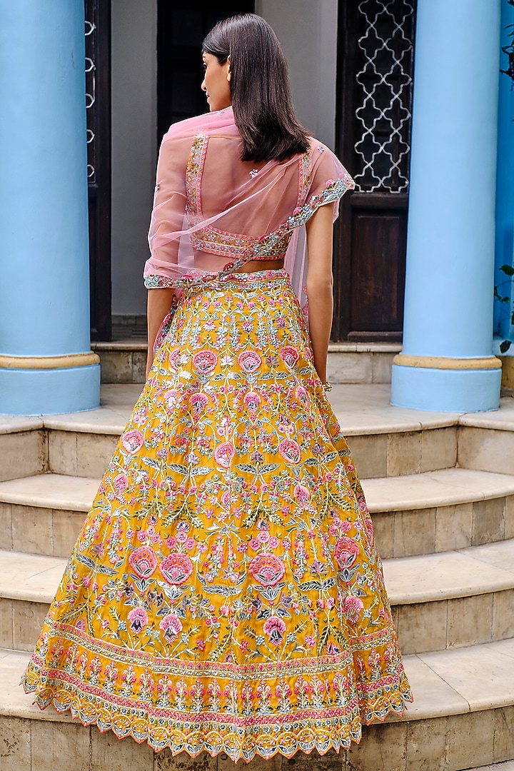 Yellow Floral Embroidered Bridal Lehenga Set by Aneesh Agarwaal at Pernia's Pop Up Shop