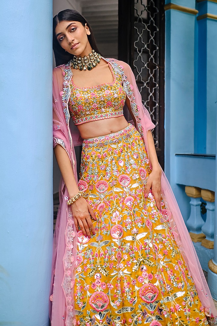 Yellow Floral Embroidered Bridal Lehenga Set by Aneesh Agarwaal at Pernia's Pop Up Shop