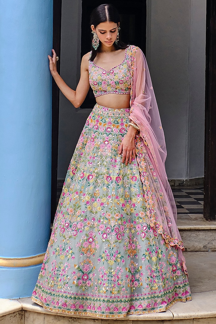 Aqua Blue Floral Embroidered Bridal Lehenga Set by Aneesh Agarwaal at Pernia's Pop Up Shop