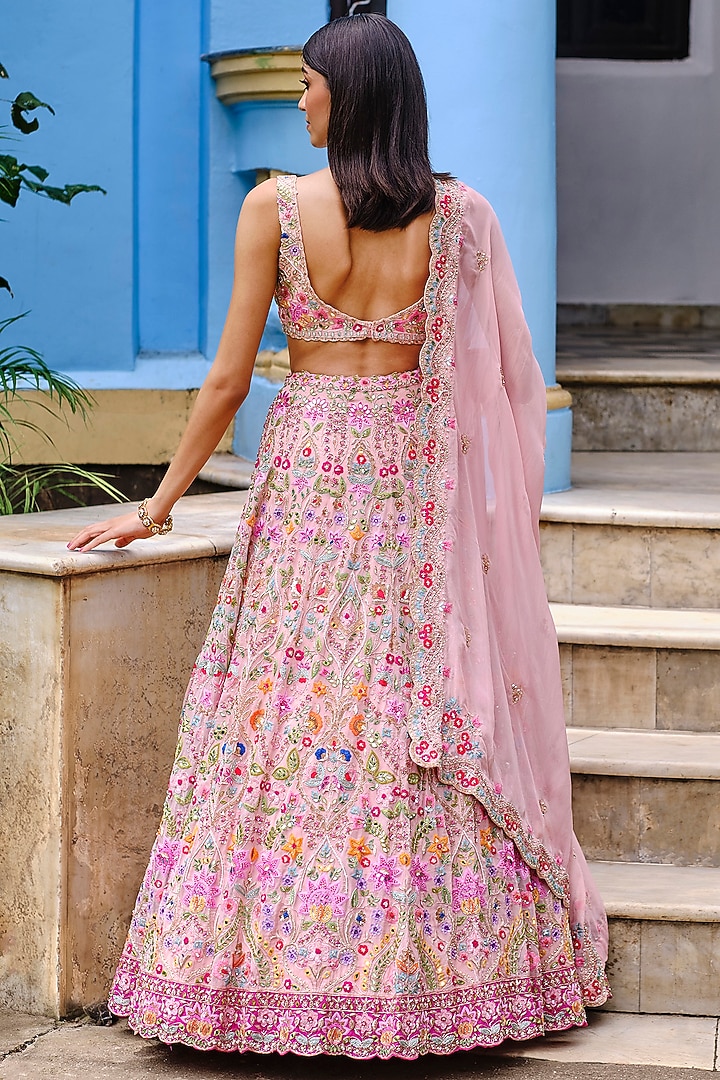 Salmon Pink Floral Embroidered Bridal Lehenga Set by Aneesh Agarwaal at Pernia's Pop Up Shop