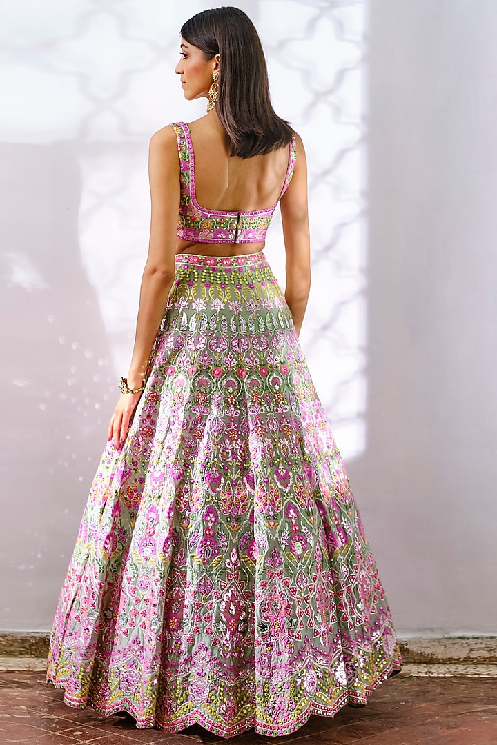 Sage Green Embroidered Bridal Lehenga Set by Aneesh Agarwaal at Pernia's Pop Up Shop