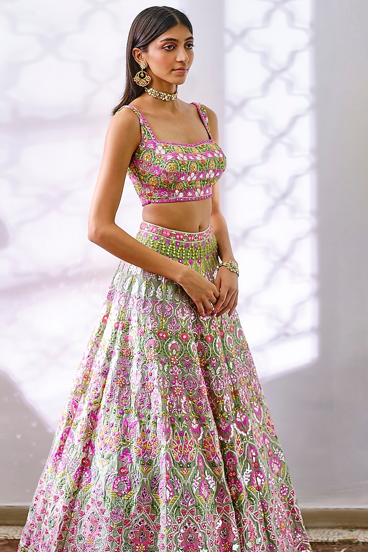 Sage Green Embroidered Bridal Lehenga Set by Aneesh Agarwaal at Pernia's Pop Up Shop