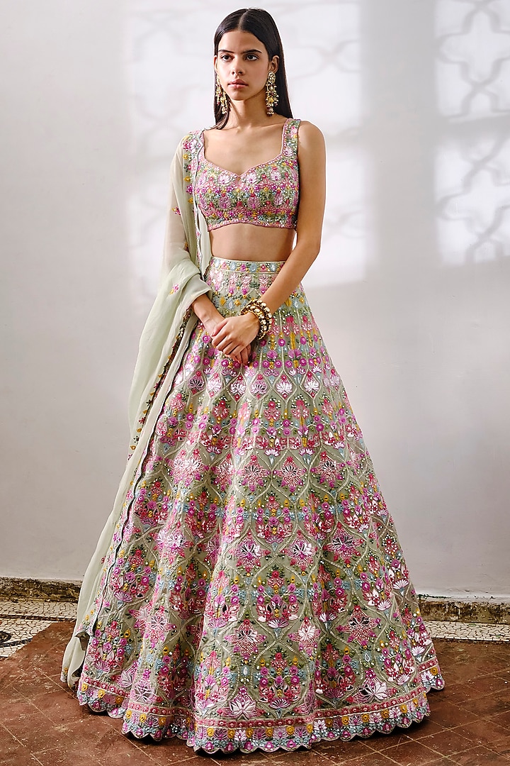 Green Embroidered Lehenga Set by Aneesh Agarwaal