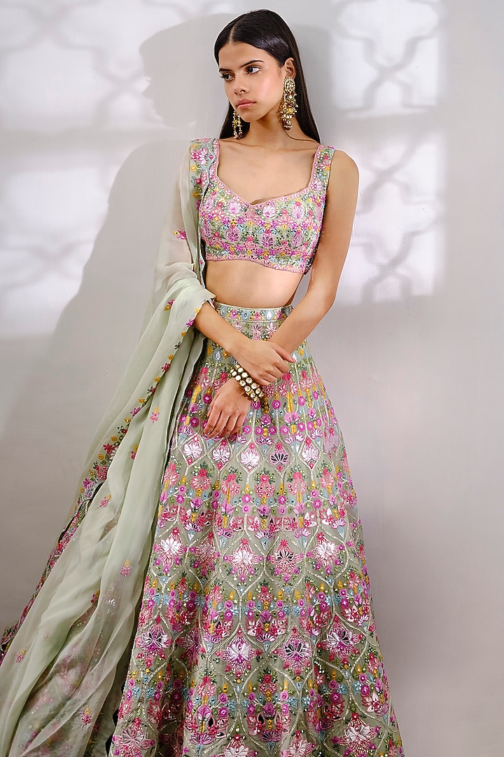 Green Embroidered Bridal Lehenga Set by Aneesh Agarwaal at Pernia's Pop Up Shop