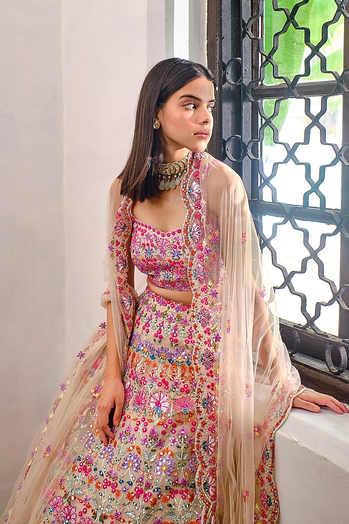 Ivory Thread Embroidered Bridal Lehenga Set by Aneesh Agarwaal at Pernia's Pop Up Shop