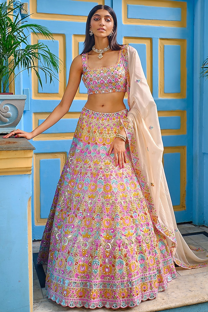 Ivory Foil Embroidered Lehenga Set by Aneesh Agarwaal