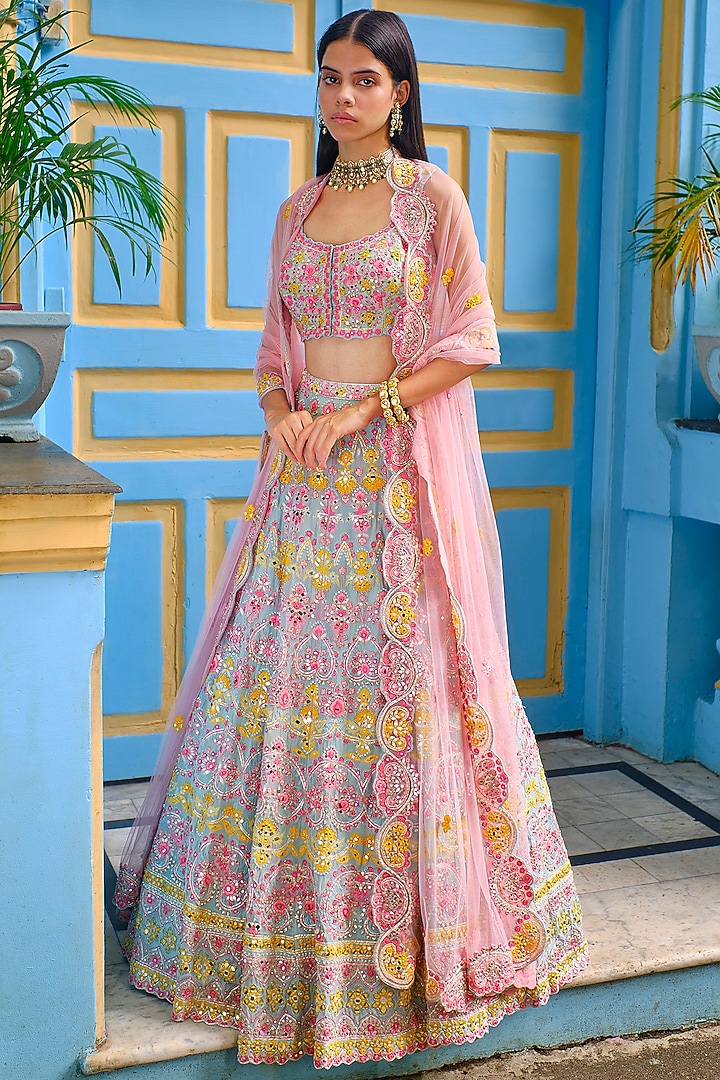 Aqua Blue Mirror Embroidered Bridal Lehenga Set by Aneesh Agarwaal at Pernia's Pop Up Shop