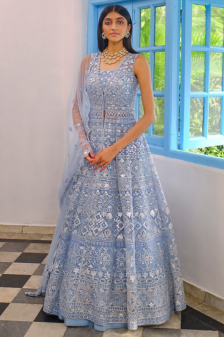 Ice Blue Net Embroidered Jacket Bridal Lehenga Set by Aneesh Agarwaal at Pernia's Pop Up Shop