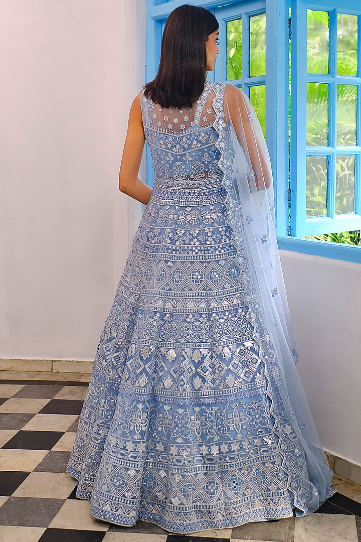 Ice Blue Net Embroidered Jacket Bridal Lehenga Set by Aneesh Agarwaal at Pernia's Pop Up Shop