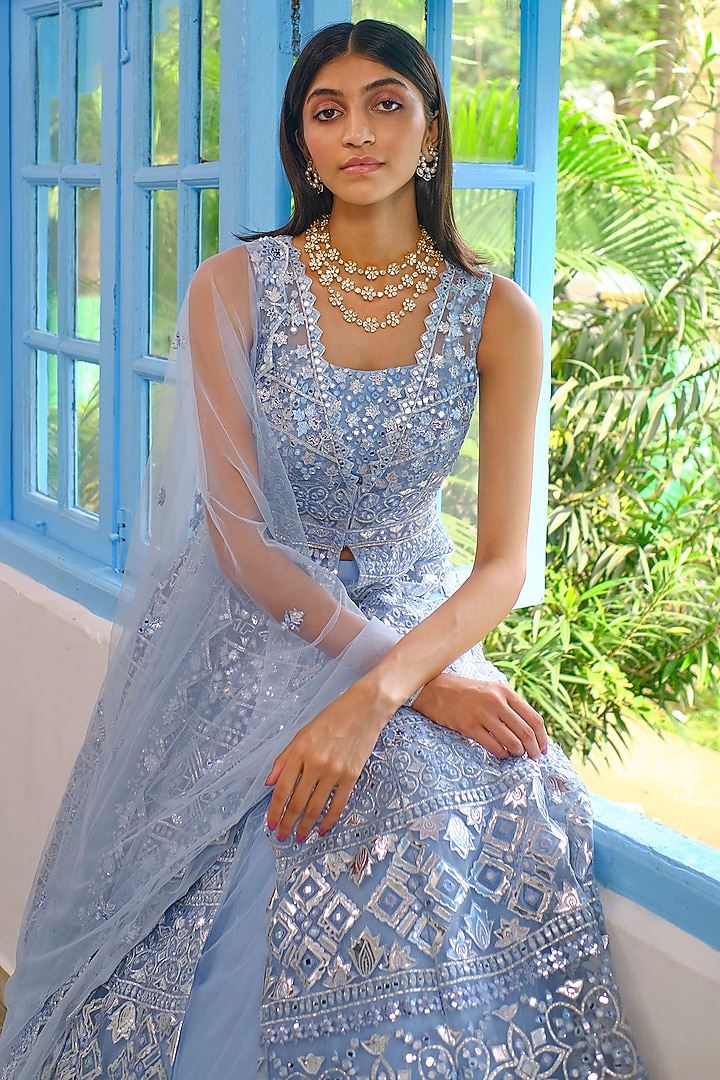 Ice Blue Net Embroidered Jacket Bridal Lehenga Set by Aneesh Agarwaal at Pernia's Pop Up Shop
