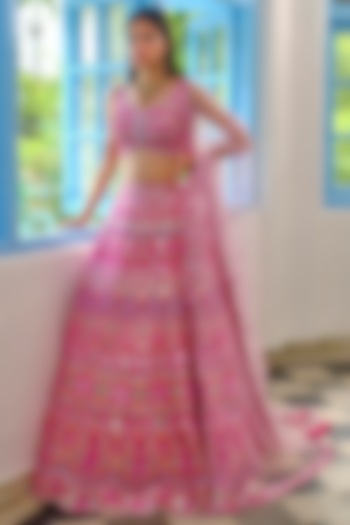 Hot Pink Embroidered Lehenga Set by Aneesh Agarwaal