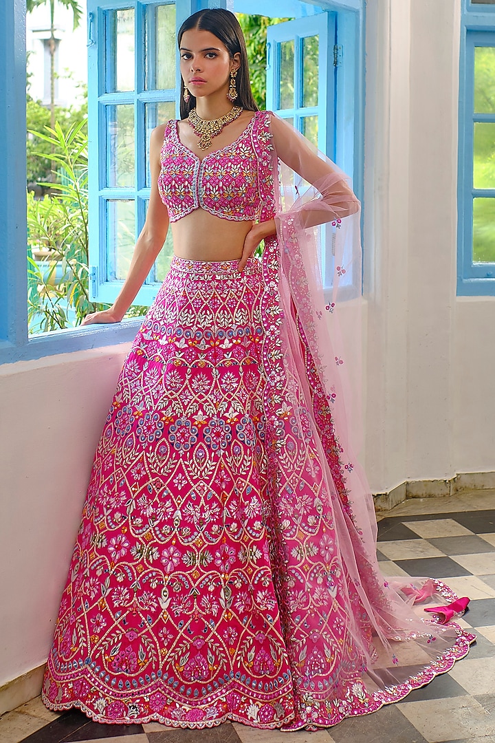 Hot Pink Embroidered Lehenga Set by Aneesh Agarwaal