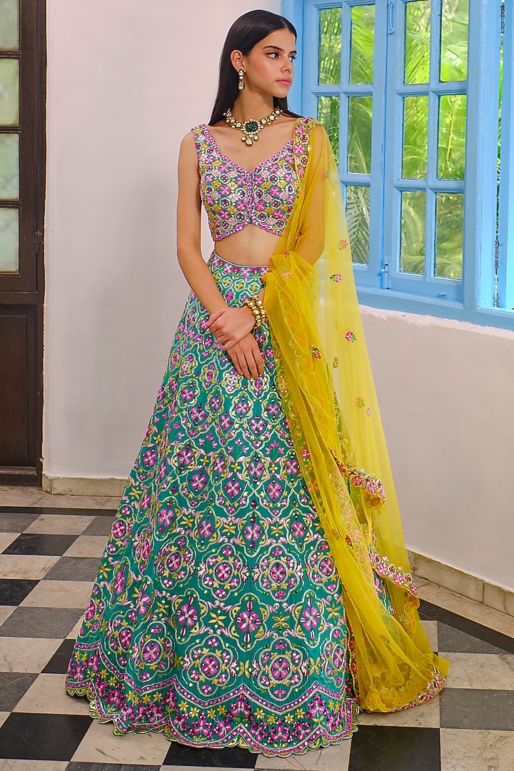 Teal Green Embroidered Bridal Lehenga Set by Aneesh Agarwaal at Pernia's Pop Up Shop