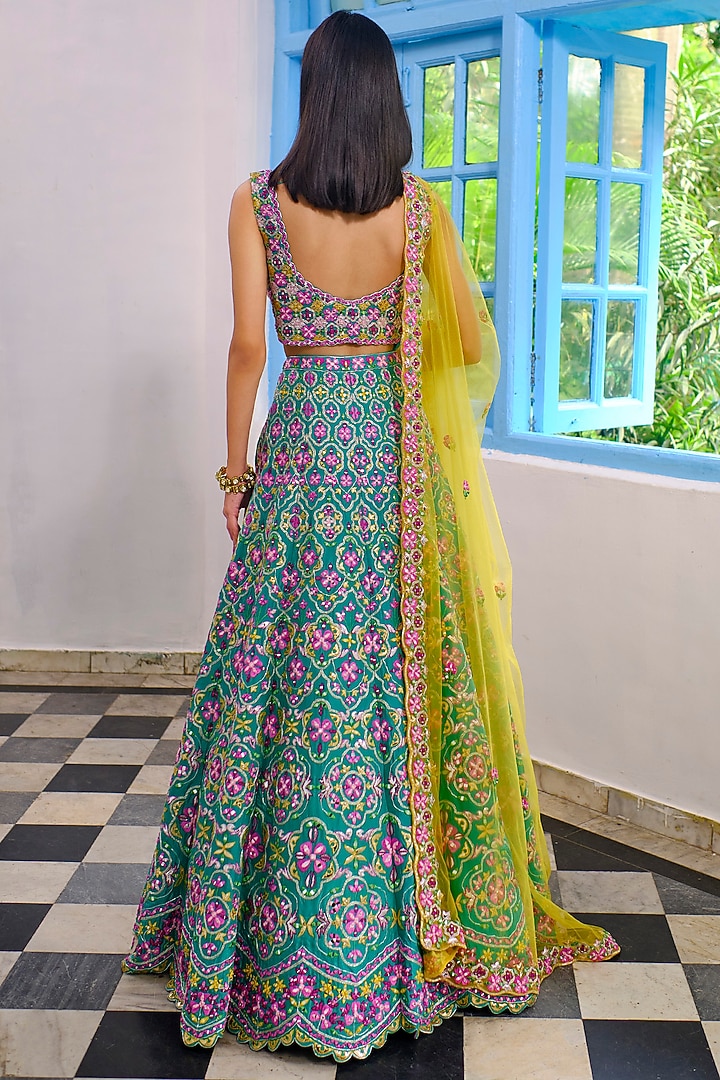 Teal Green Embroidered Bridal Lehenga Set by Aneesh Agarwaal at Pernia's Pop Up Shop