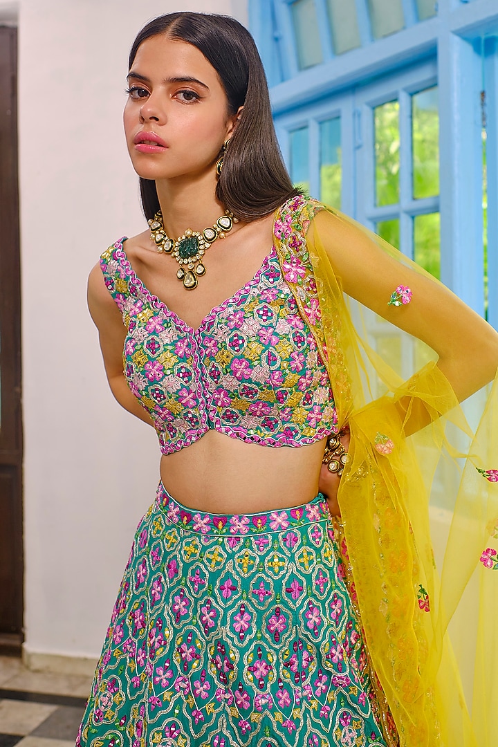 Teal Green Embroidered Bridal Lehenga Set by Aneesh Agarwaal at Pernia's Pop Up Shop