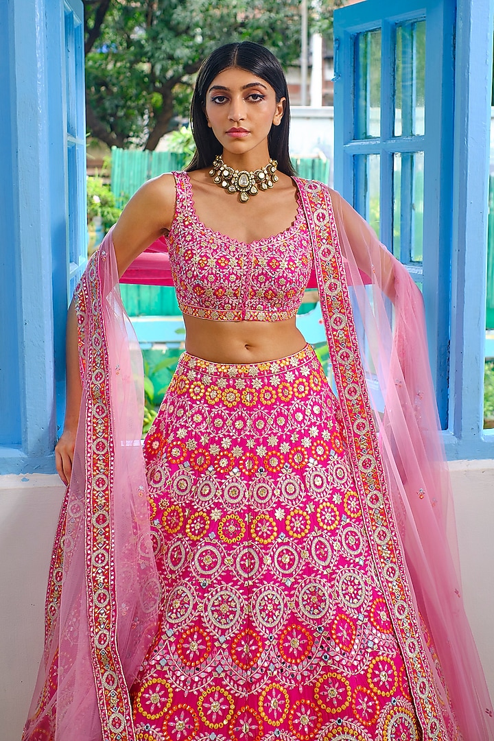 Fuchsia Embroidered Bridal Lehenga Set by Aneesh Agarwaal at Pernia's Pop Up Shop