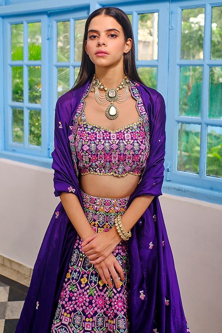 Purple Embroidered Bridal Lehenga Set by Aneesh Agarwaal at Pernia's Pop Up Shop