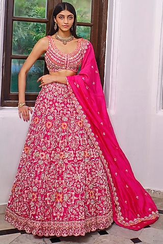 Fuchsia Sequins Embroidered Lehenga Set by Aneesh Agarwaal