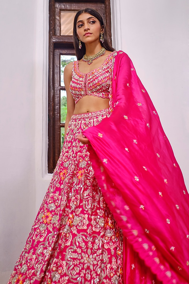 Fuchsia Sequins Embroidered Bridal Lehenga Set by Aneesh Agarwaal at Pernia's Pop Up Shop