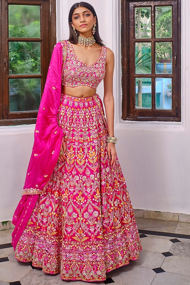 Rani Pink Embroidered Lehenga Set by Aneesh Agarwaal