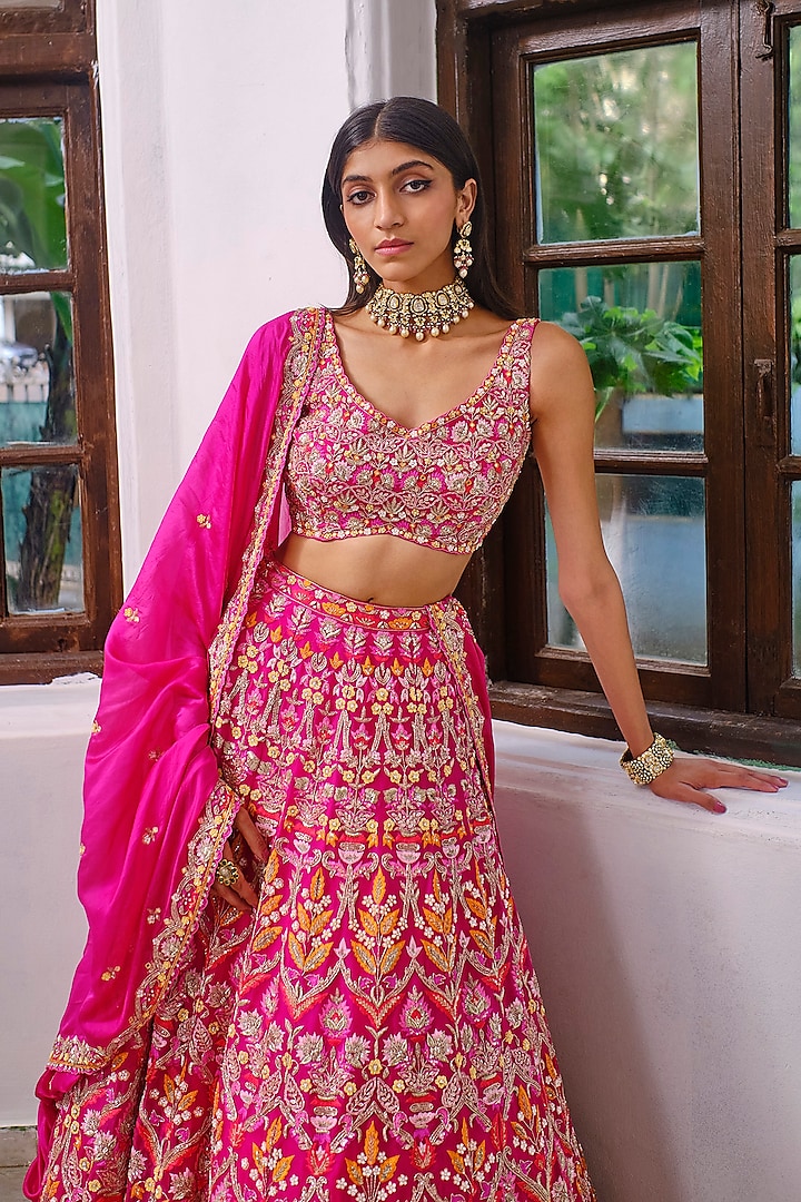 Rani Pink Embroidered Bridal Lehenga Set by Aneesh Agarwaal at Pernia's Pop Up Shop