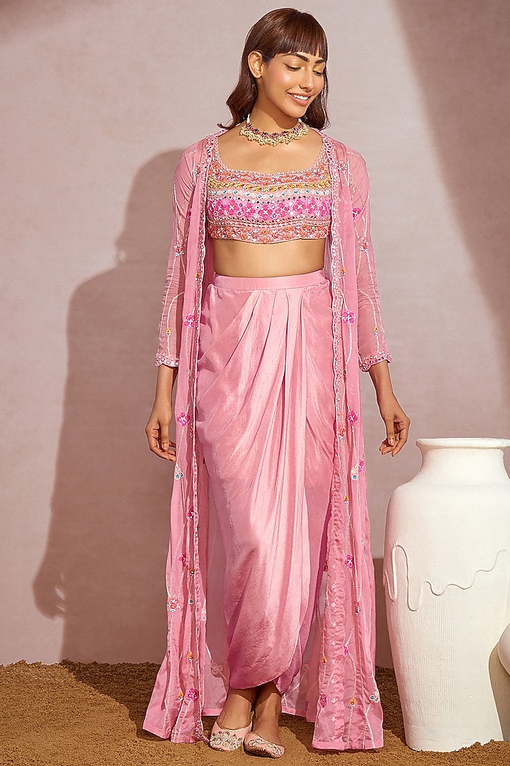 Rose Pink Soft Organza Jacket Set by Aneesh Agarwaal PRET
