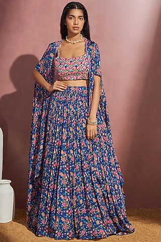 Navy Organza Printed Cape Set by Aneesh Agarwaal PRET