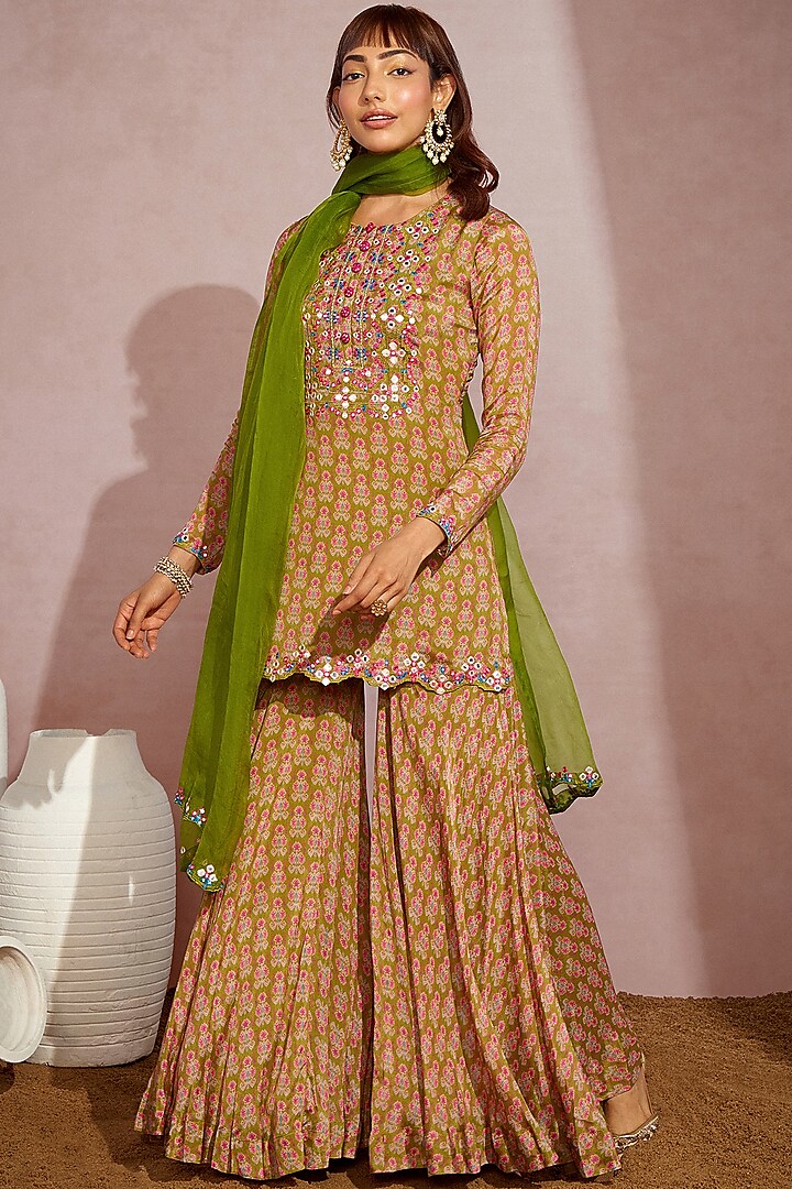 Olive Chiffon Sharara Set by Aneesh Agarwaal PRET