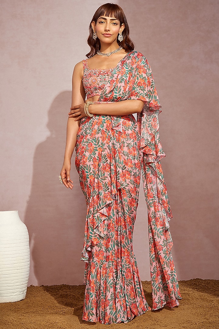 Beige Chiffon & Net Printed Draped Wedding Saree Set by Aneesh Agarwaal PRET at Pernia's Pop Up Shop