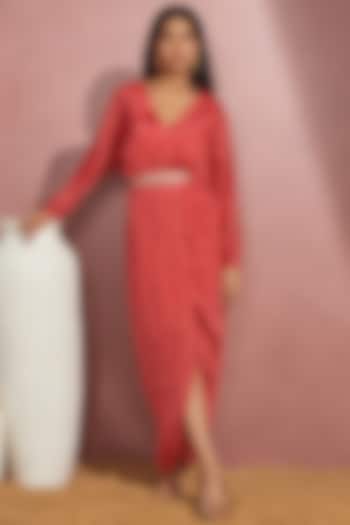 Red Printed Wrap Dress by Aneesh Agarwaal PRET