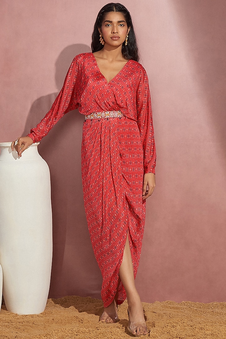 Red Printed Wrap Dress by Aneesh Agarwaal PRET