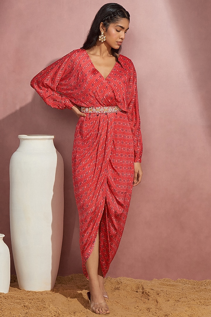 Red Printed Wrap Vacation Dress by Aneesh Agarwaal PRET at Pernia's Pop Up Shop