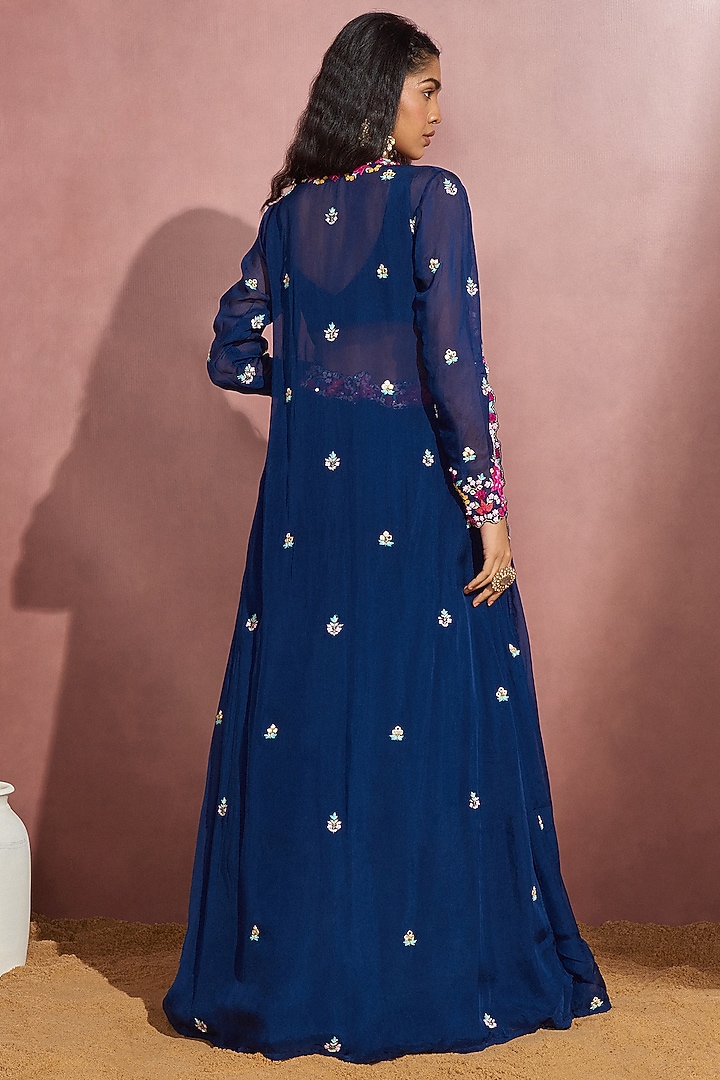 Navy Blue Soft Organza Zardosi Embroidered Cape Set by Aneesh Agarwaal PRET at Pernia's Pop Up Shop