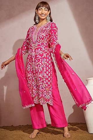 Fuchsia Embroidered Kurta Set by Aneesh Agarwaal PRET