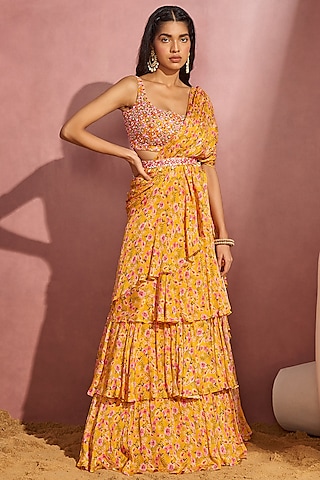 Yellow Chiffon Pre-Stitched Saree Set by Aneesh Agarwaal PRET